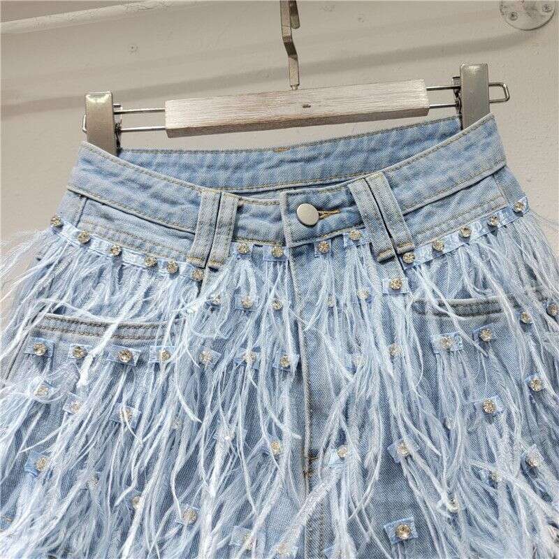 Women's Clothing New Heavy Dia Ostrich Feather Design Slim Tassel Fashionable Versatile Denim Shorts