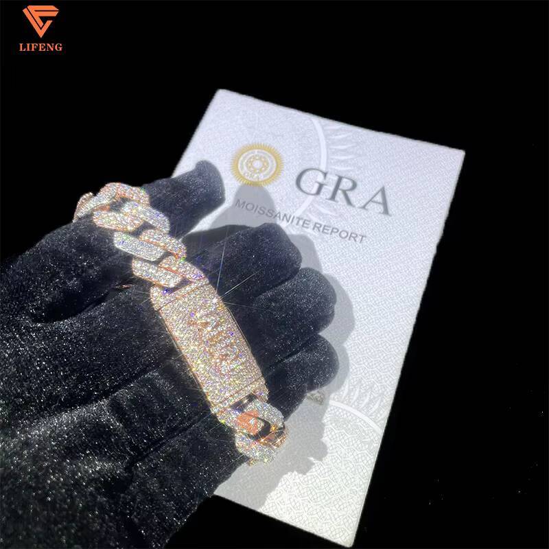 Two Tones Silver Rose Gold 14mm Moissanite Cuban Link Bracelet Hip Hop 925 Silver Bold and Durable Men Women Chain