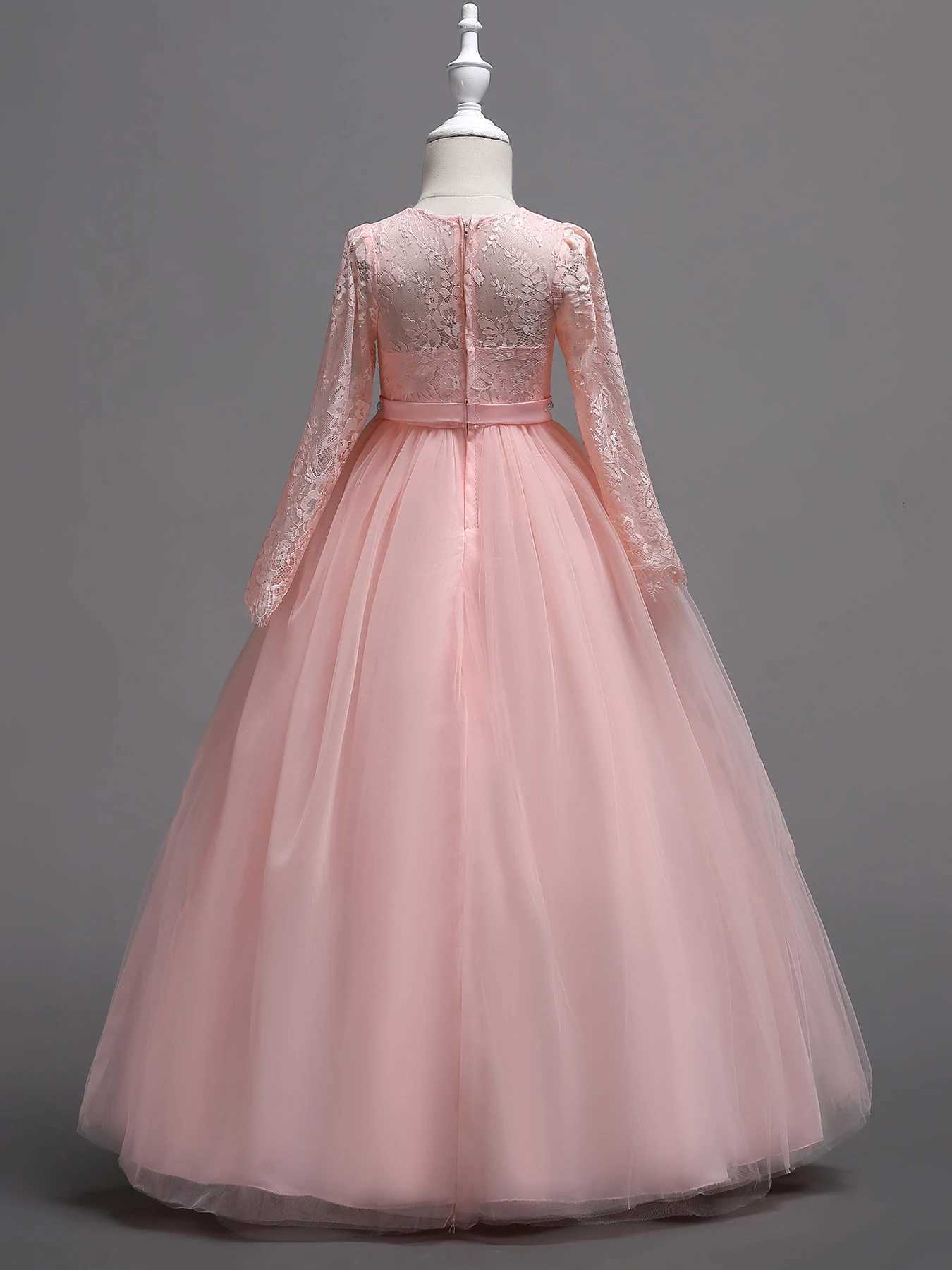 Pink European and American best-selling childrens bridesmaid dress with lace long sleeves and large skirt flower girl princess dress Z250904
