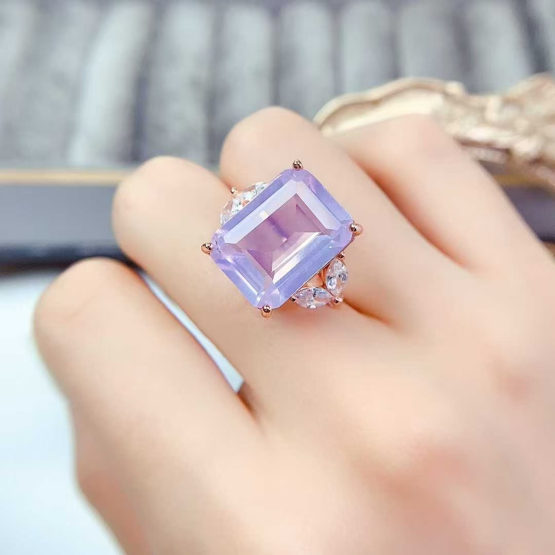 925 silver crystal ring natural amethyst ring 12mm * 16mm 12ct light purple amethyst jewelry with 18K gold plating