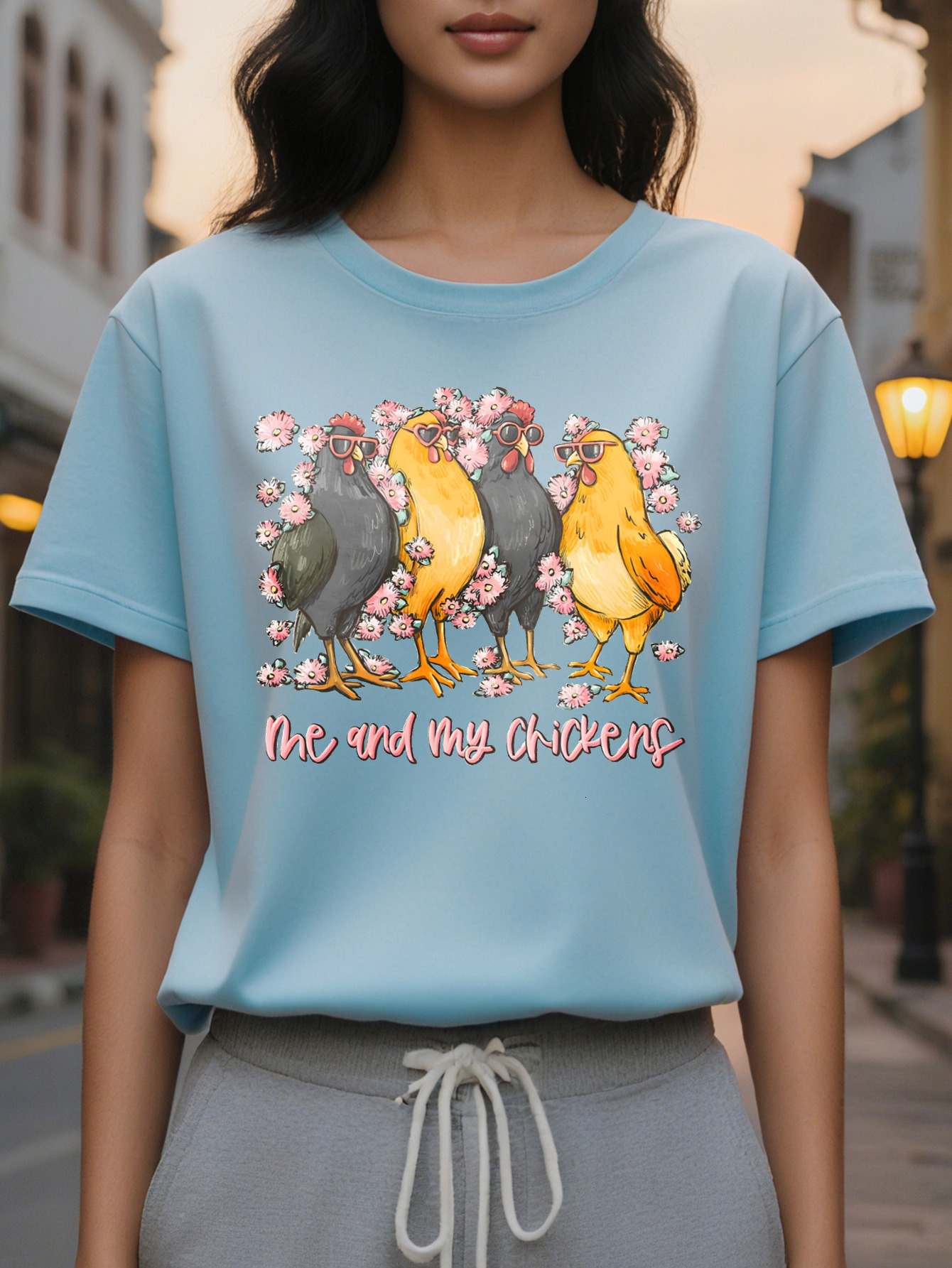 Women S Crew Neck T Shirt with Chick Graphic Print Me and My Chickens Design Short Sleeve Lightweight Cotton