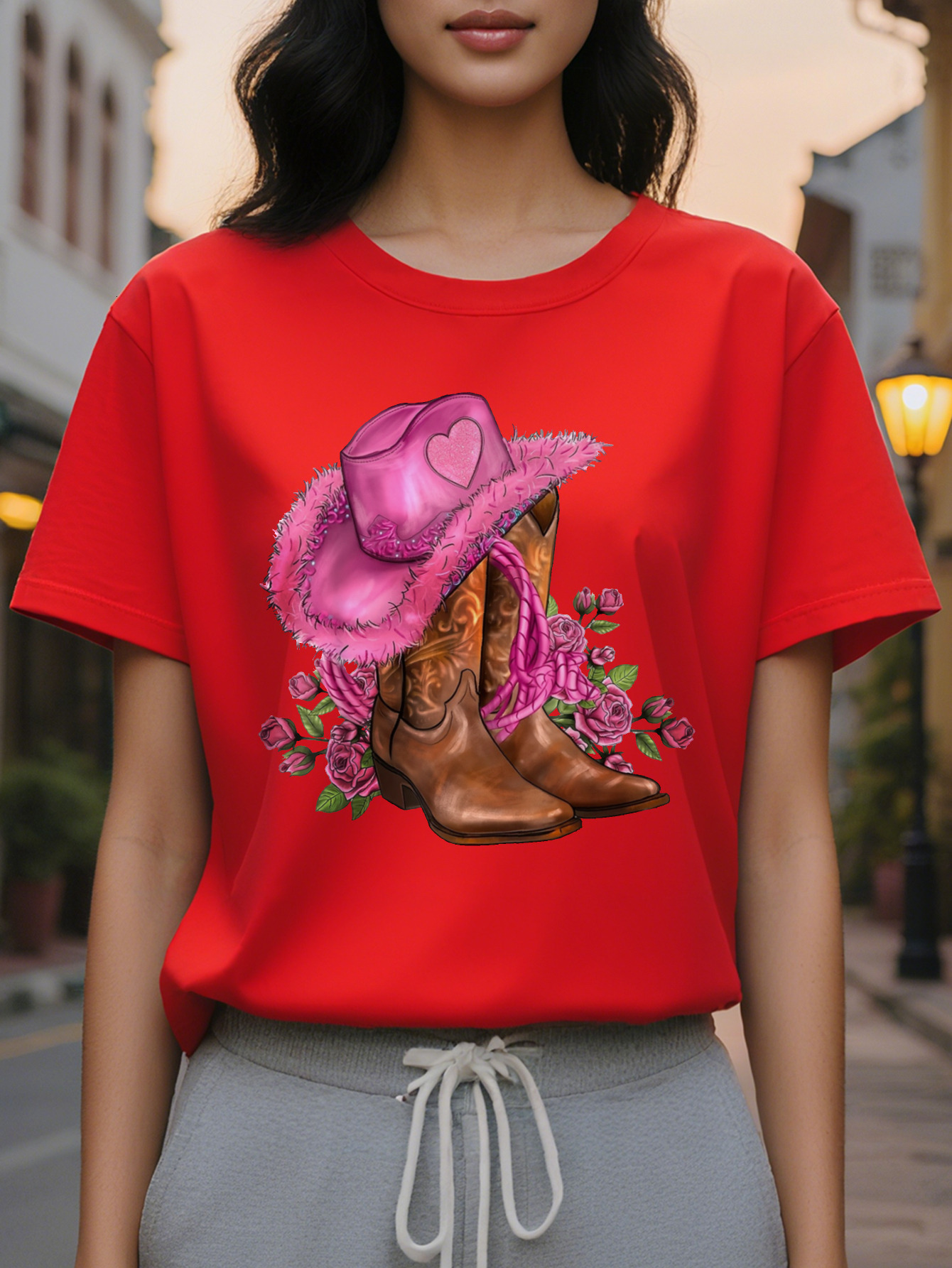 Cowboy and floral print round neck T-shirt, casual short sleeve summer top for women's clothing