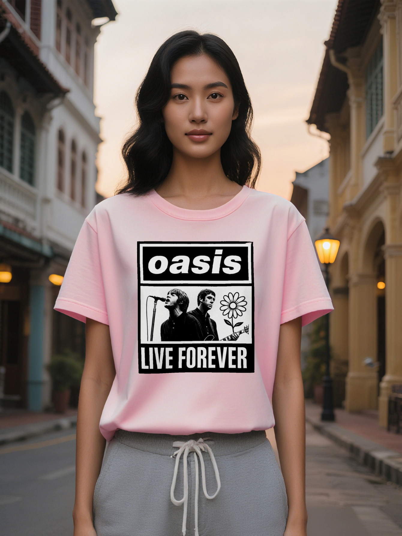 Large XL Lady Live Forever Lyrics Floral Designer Graphic T-Shirt Vintage Band Black with White Print Casual Everyday Concert Plus Size