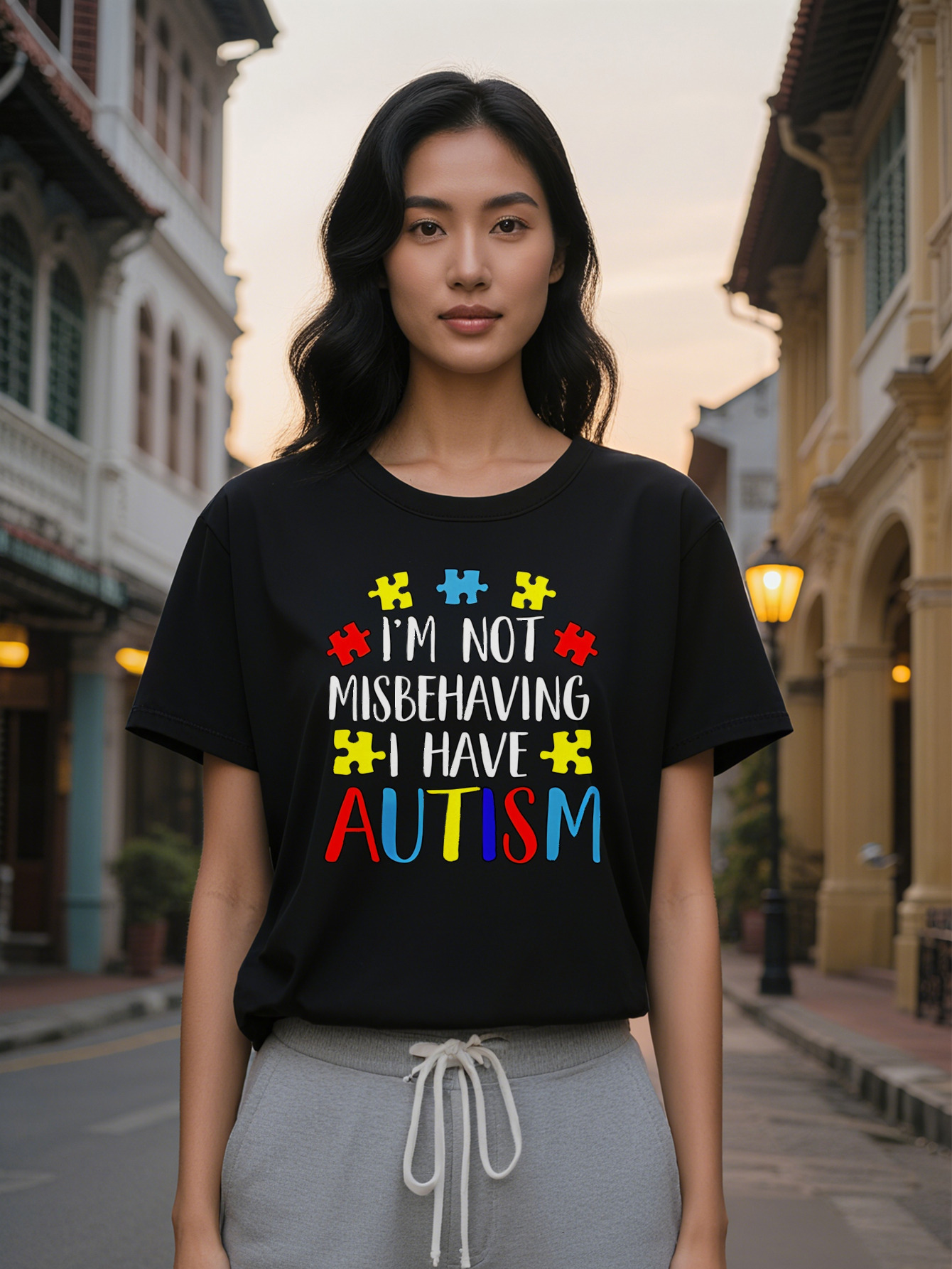 Large XL Casual Crew Neck T-Shirt I'm Not Misbehaving I Have Autism Print Black with Colorful Puzzle Pieces Design Summer Plus Size