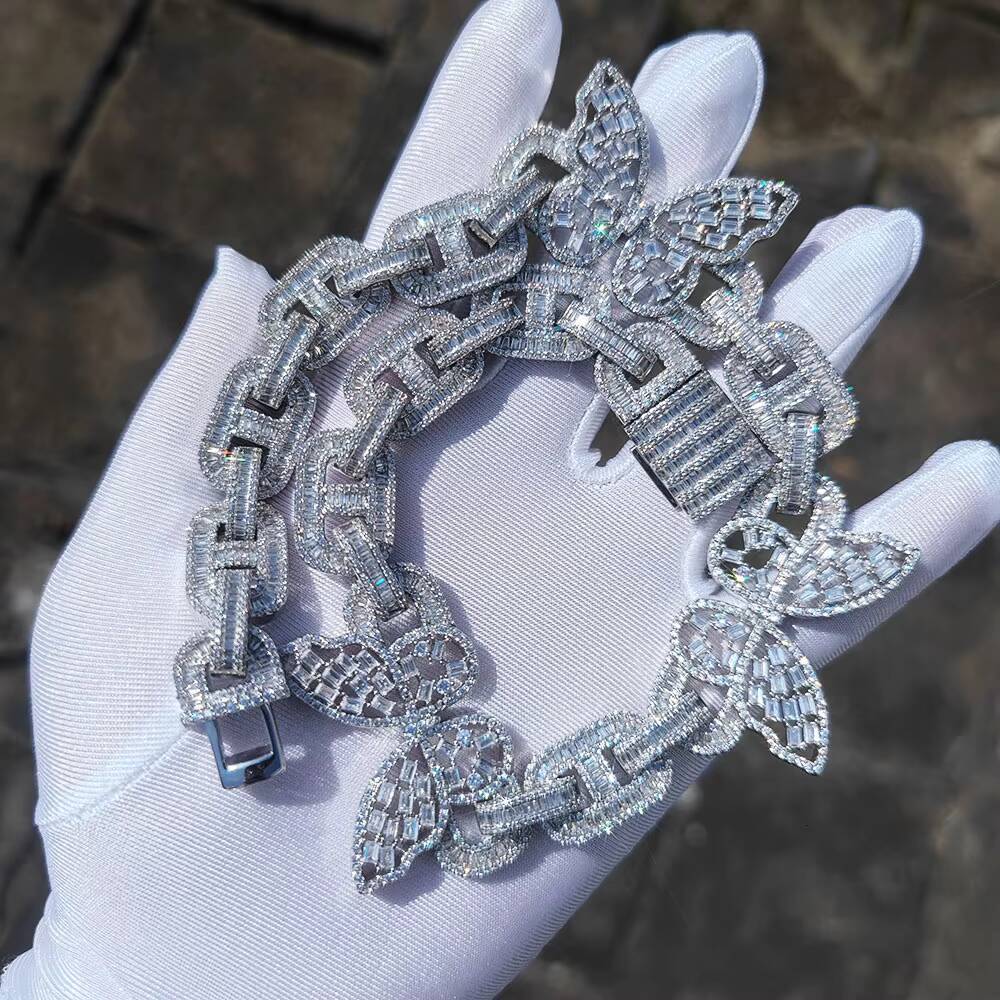NUOYA Custom Butterfly Cuban Link Choker Iced Out Bling Necklace Baguette Moissanite Diamond Silver Plated Choker Women Jewelry