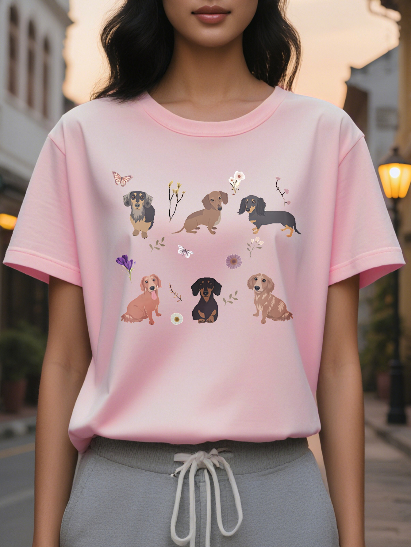Dog American Print Pattern Fashion Round Neck Short Sleeve T-shirt Spring and Summer New Slim Fit Slimming Women's Top