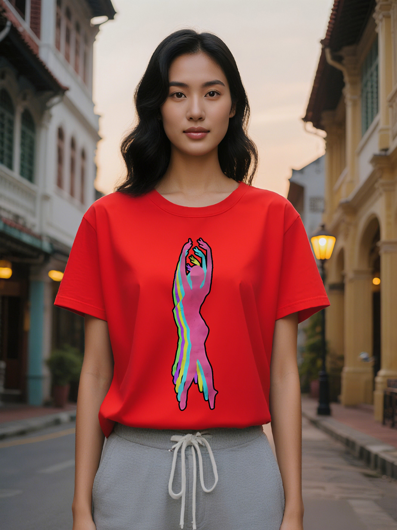 Large XL Graphic T-Shirt with Human Silhouette Colorful Stripes Print Black Round Neck Summer Tee Regular Fit Washable Plus Size