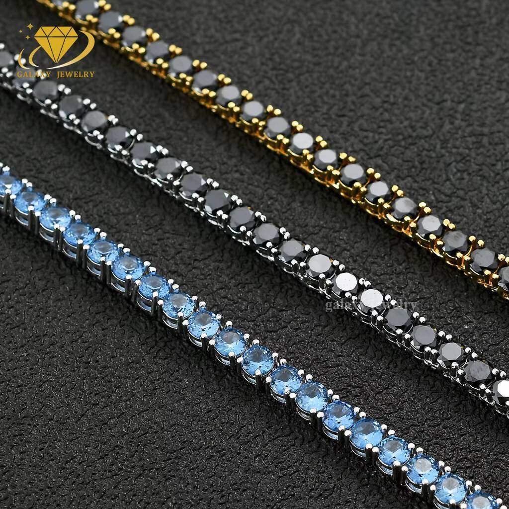 Real Pass Diamond Tester Black Moissanite Diamond Men Tennis Chain 1 Row Iced Out 35mm Gold Plated 925 Silver Bracelet Necklace