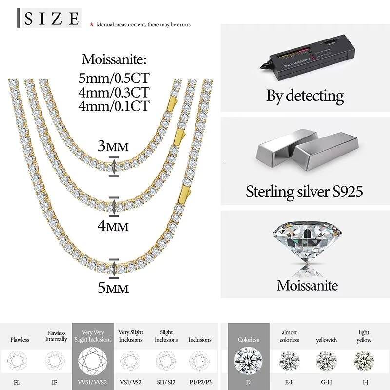 Custom Hip Hop 3 MM Tennis Chain Necklace Black Moissanite Chain VVS D Color Stones 4mm 18K Gold Plated Moissanite Necklace