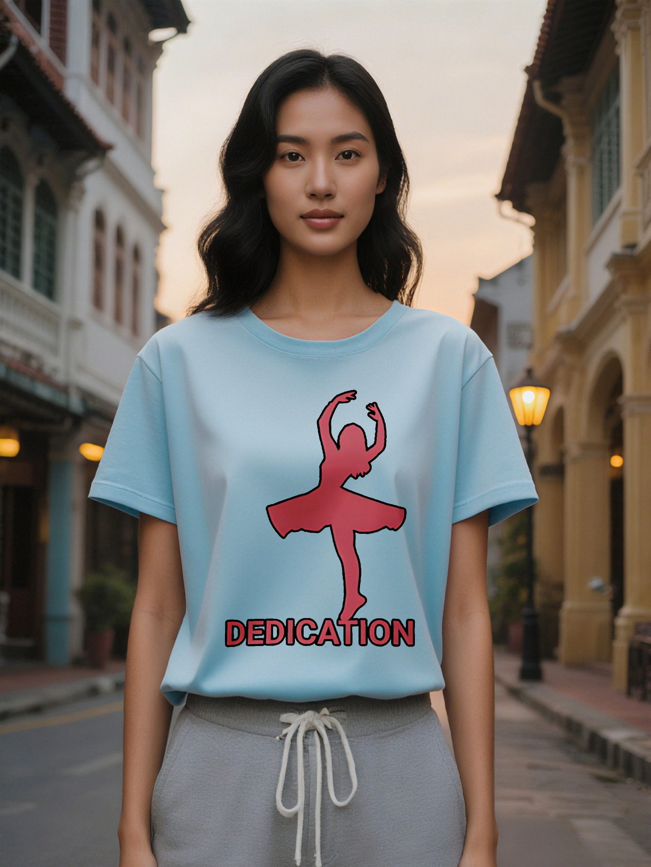 Large XL Lady Casual Ballet Dancer Silhouette Dedication Print T-Shirt Lightweight Crew Neck Tee Regular Fit Summer Top Plus Size