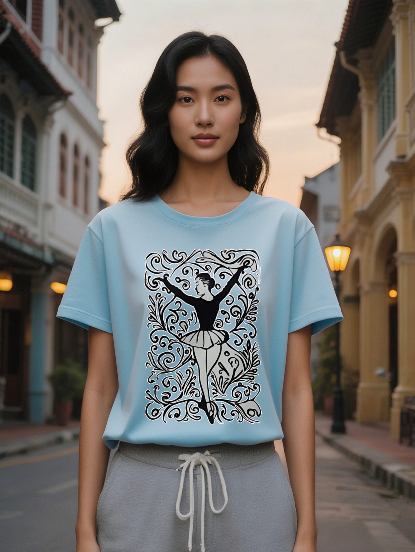 Large XL Lady Casual Ballet Dancer Graphic T-Shirt Black Long Sleeve Crewneck Tee with Intricate Dance Print Perfect Gift for Plus Size