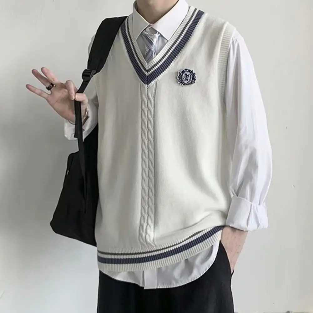 College Style Sleeveless V Neck Sweater Vest Autumn Winter Patchwork Color Twist Men Knitted Vest Daily ClothingXJ250904