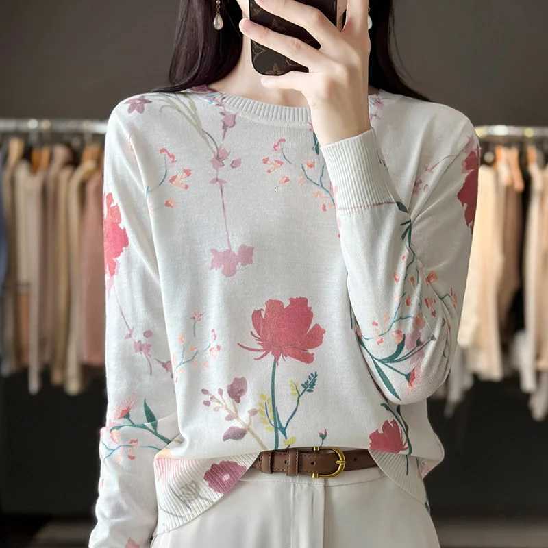 Autumn And Winter New Worsted Wool And Mulberry Silk Printed Round Neck Sweater Fashion Joker Knit Loose Bottoming Shirt Top M250904