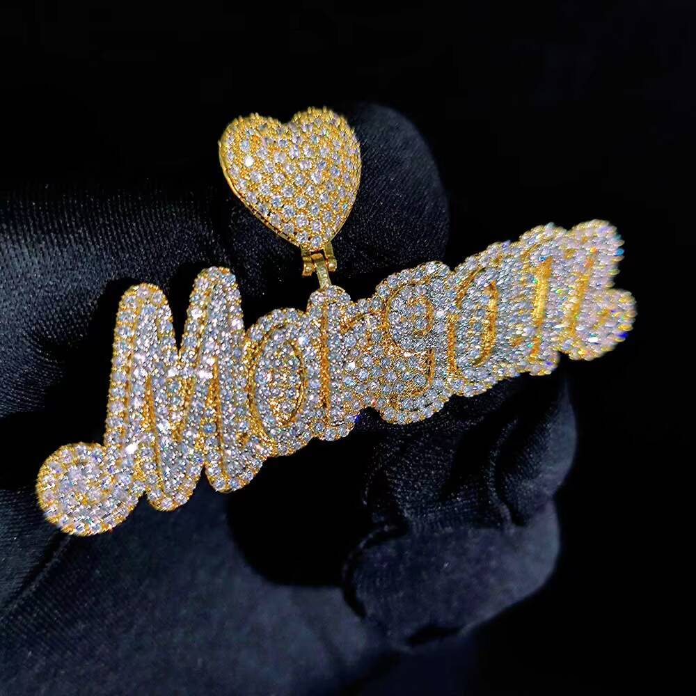 NUOYA Iced Out Moissanite Diamond Letter Pendant Necklace Rose Gold Heart Hook Design Custom Personalized Cursive Name Pendant