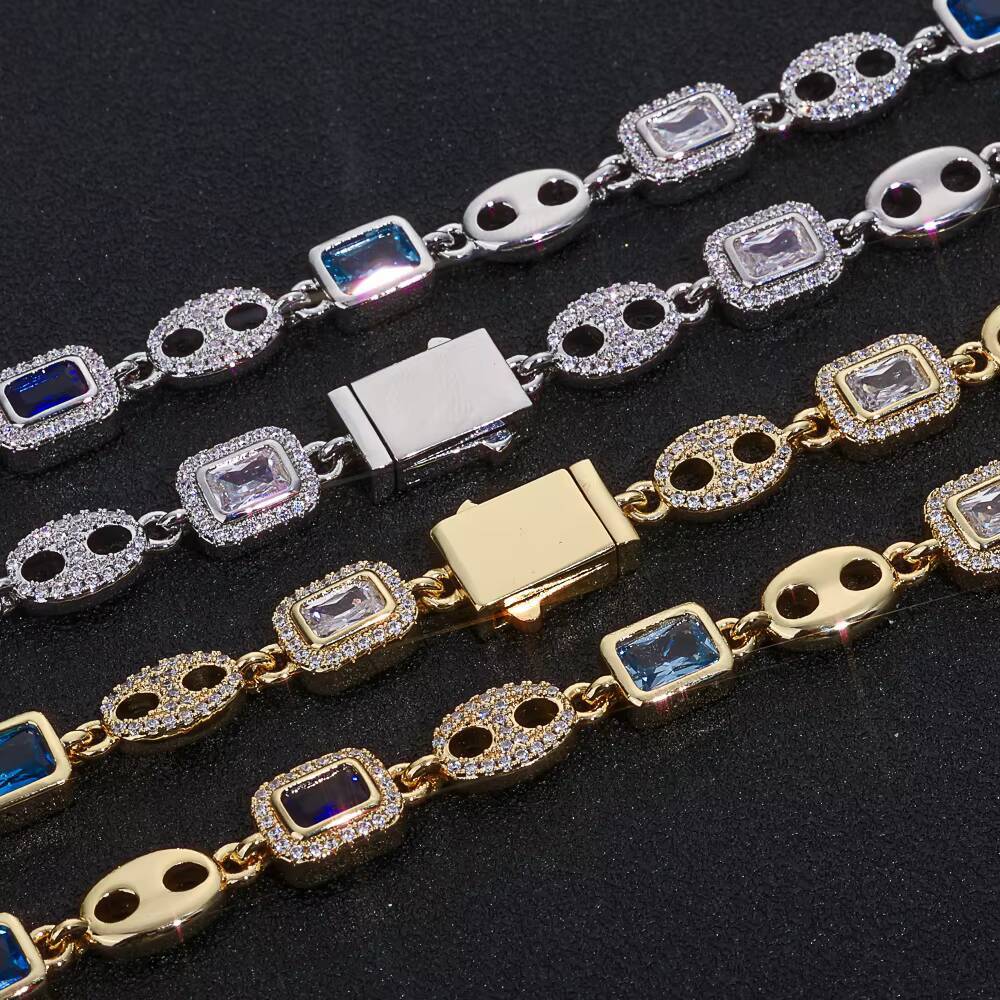 NUOYA Gold Plated Pig Nose Choker Necklace Geometric Gemstone Design Blue White Moissanite Fine Hip Hop Luxury Jewelry