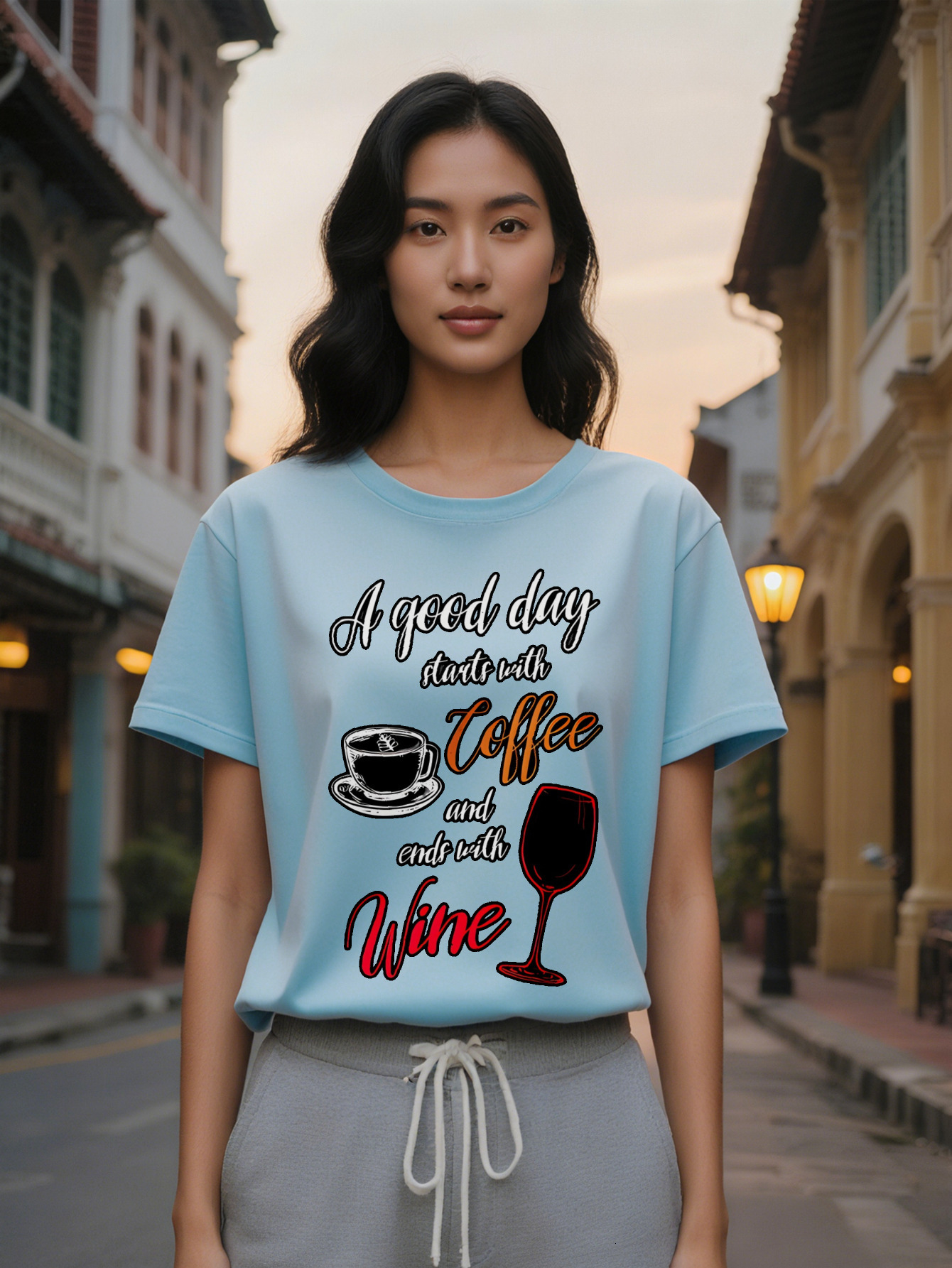 Large XL Lady Crew Neck T-Shirt A Good Day Starts with and Wine Print Slight Stretch Fabric Regular Fit Tee Perfect Gift for Plus Size