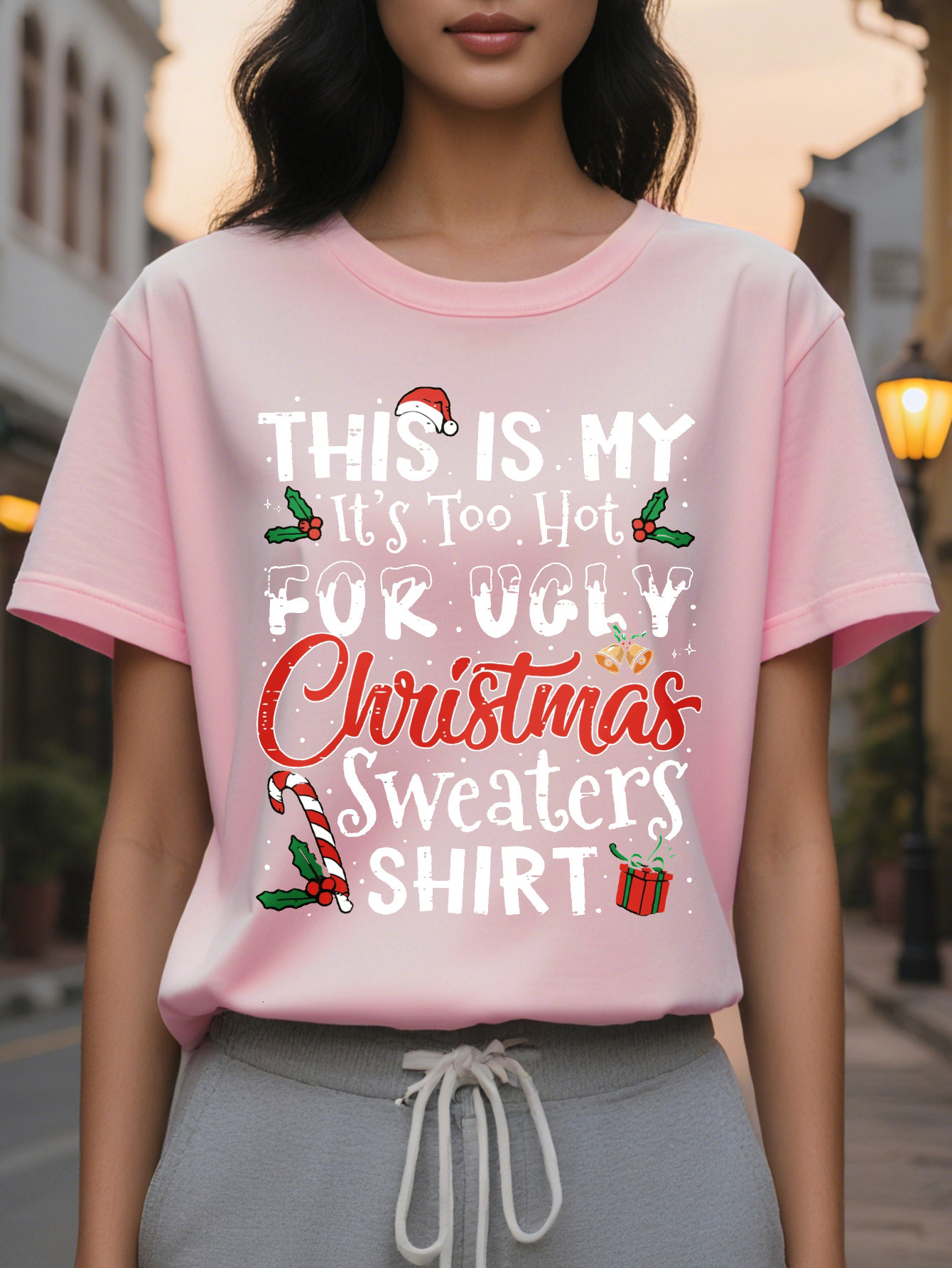 Christmas Tee Print Crew Neck T-shirt Casual Short Sleeve Top for Women Spring Summer Clothing