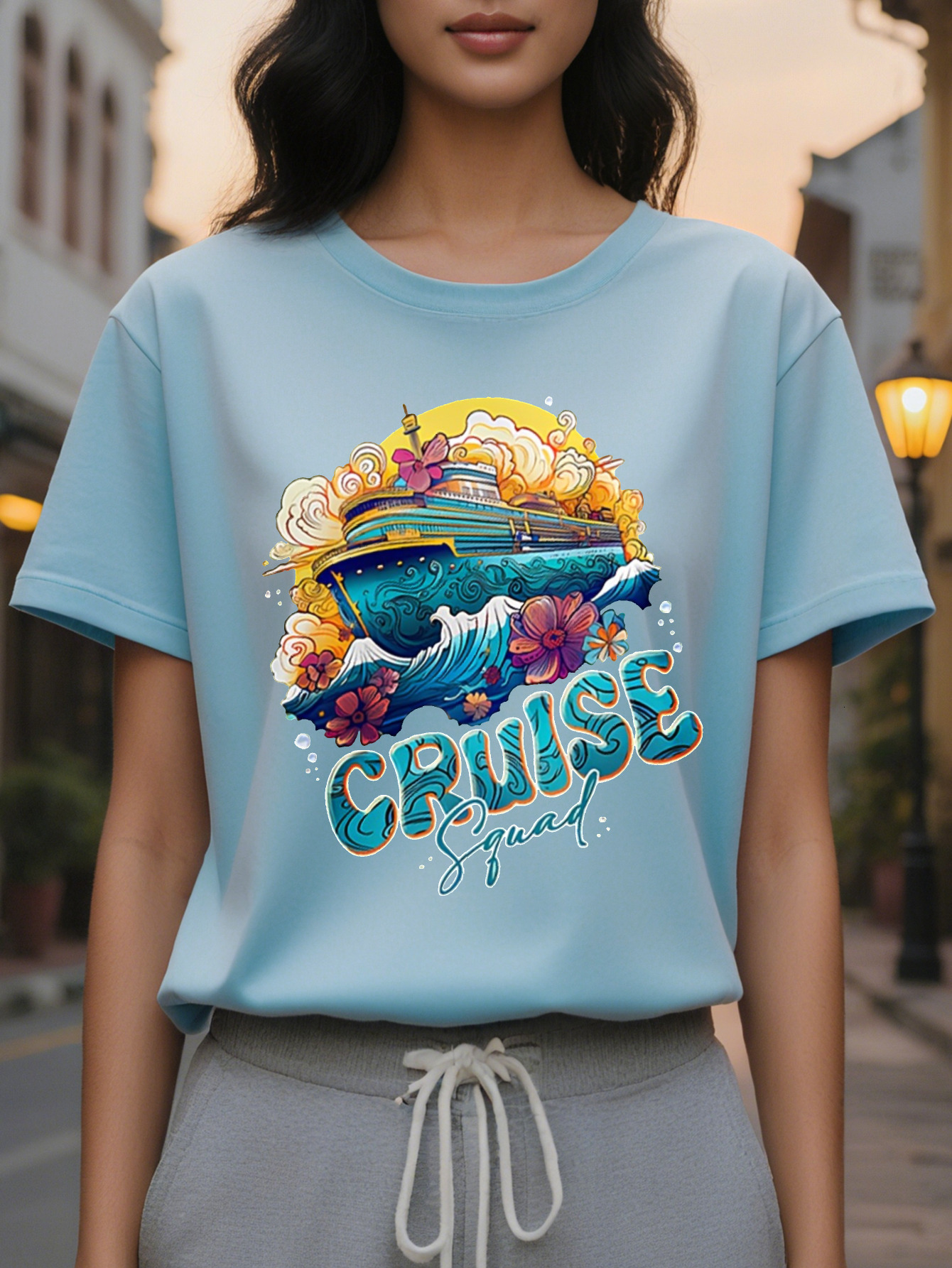 Women's CRUISE pattern printed T-shirt with nautical whale wave design, cotton fiber, light square meters, loose version