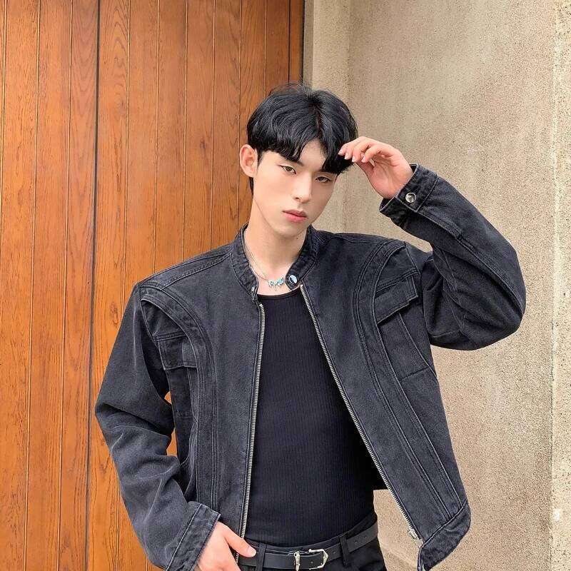 American Short Denim Jacket Mens Shoulder Pad Fashion Hip-hop Zipper Coats Deconstructing Design High Street Trendy Outwear
