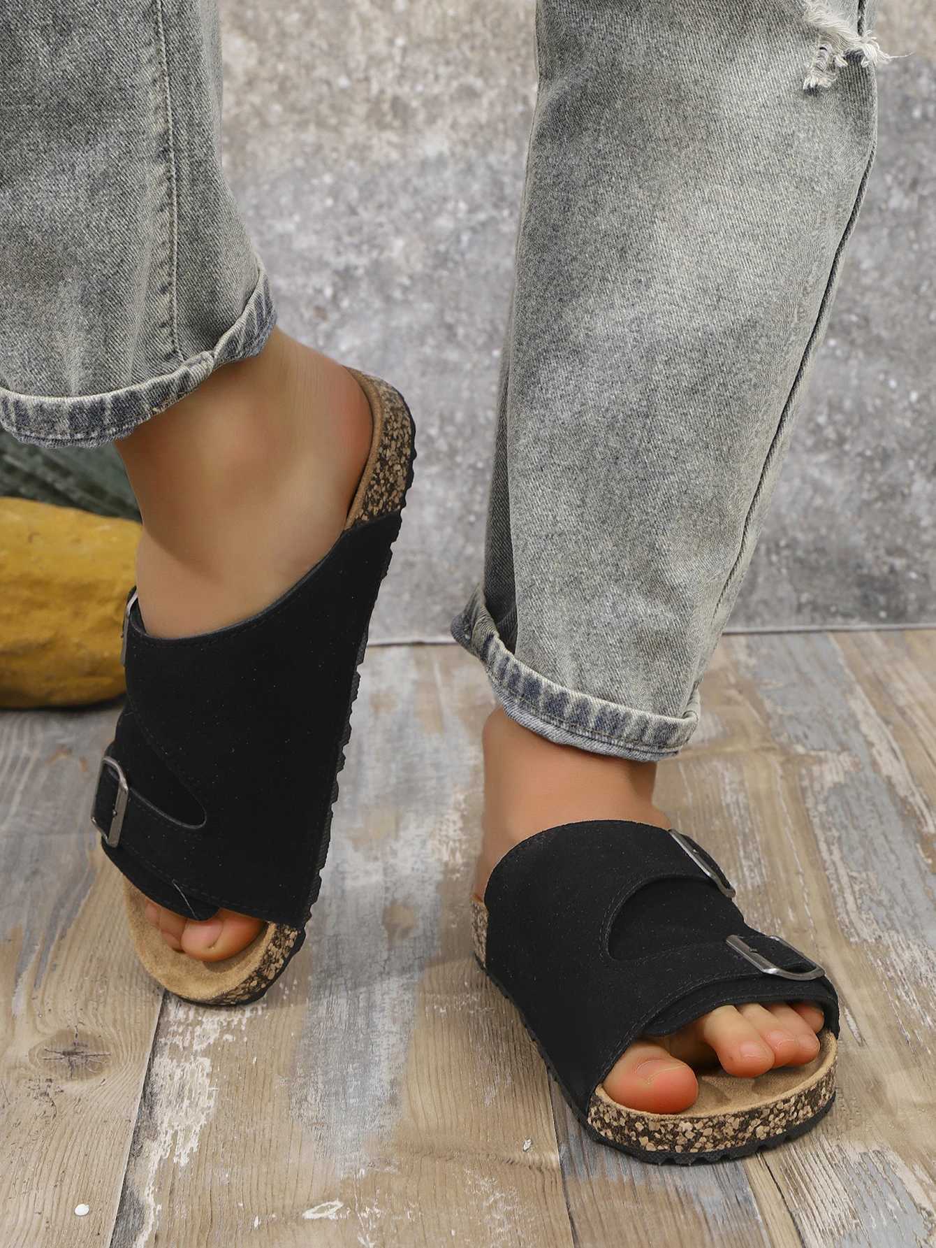 Mens Casual Simple Buckle Adjustable Set with Suede Upper Wood Grain SoftSoled Slippers W250905