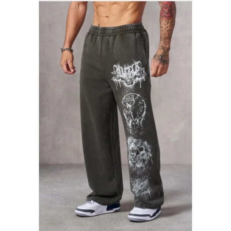 2025 Fitness Pants Youth Sportswear Pants American Style Trendy Pants Mens Printed Wide Leg Straight Leg Loose Pants250905