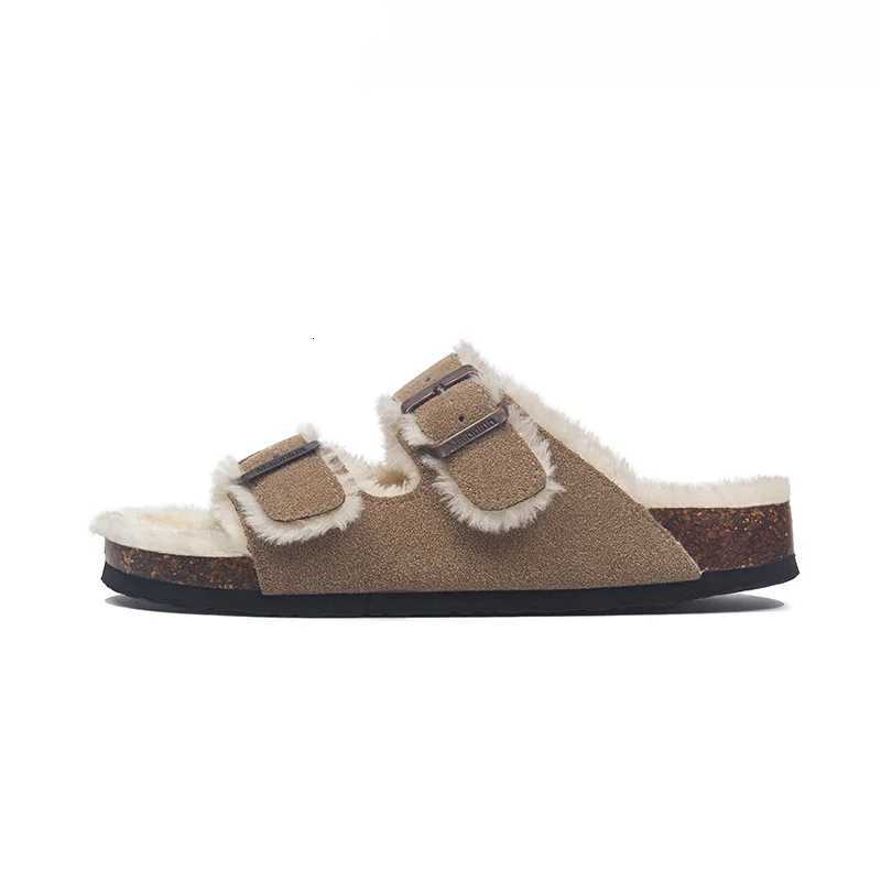 44 45 big size wool fur cork slippers women double buckle band long plush winter slides furry outdoor footwear flip flops women W250905