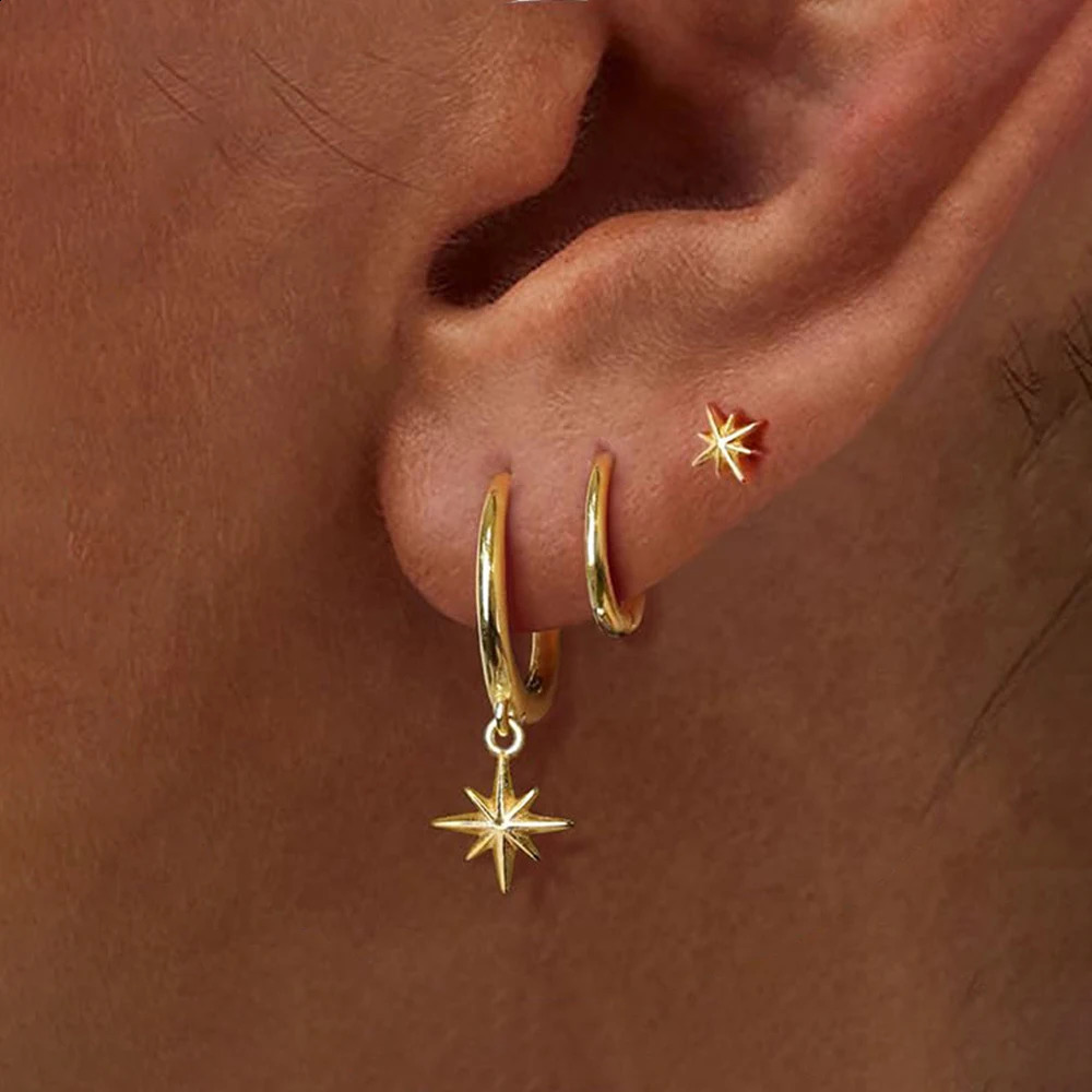 3 Piece Fashion Stainless Steel Round Star Drop Earrings Set for Women 18K Gold Plated Dangle Earring Punk Unisex Rock Jewelry 250904