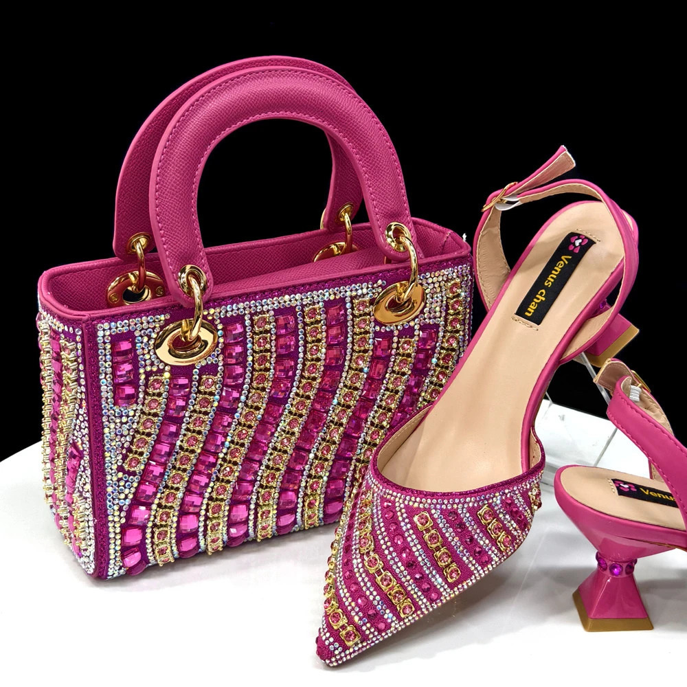 Shiny Italian Fashion Pointed Toe Women Heel Rhinestone Decoration Fuchsia Color Shoes And Bag Set 250905