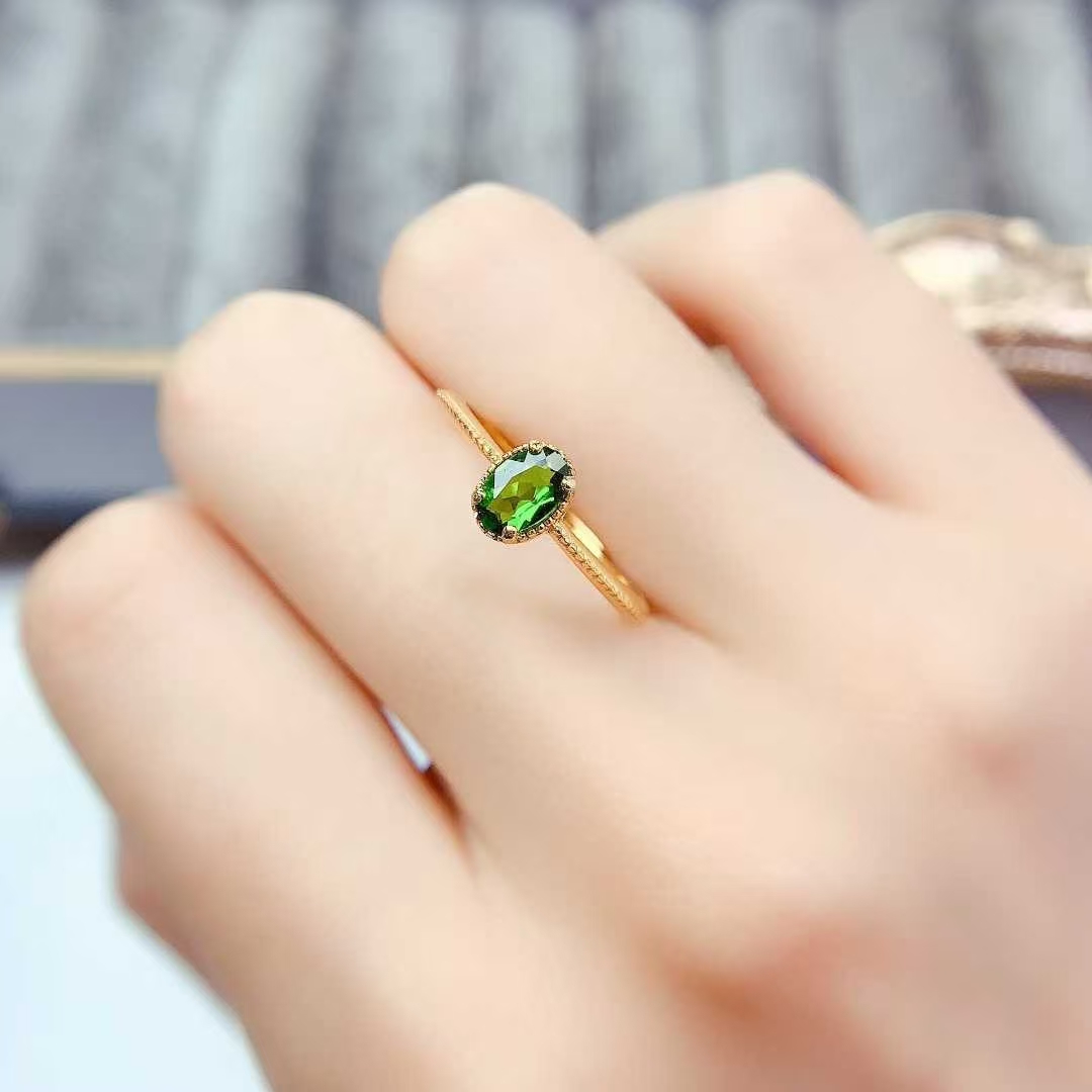 Simple 925 silver ring natural chrome diopside ring with certificate 18K gold plated sterling silver diopside jewelry