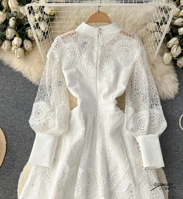 Summer Casual Dresses Vintage Flower Embroidery Hollow Out Lace White Dress Womens Stand ddmyday Collar Long Lantern Sleeve Pearls Buttons Party Vesti