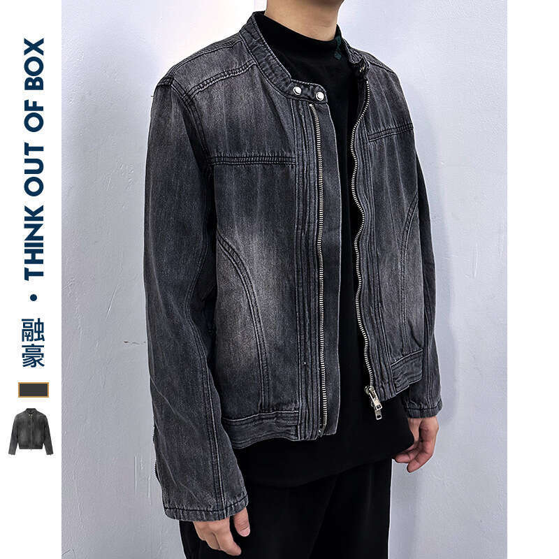 Collarless Workwear Denim Jacket Runway Same High-End Washed Vintage Short Niche Motorcycle Style B5