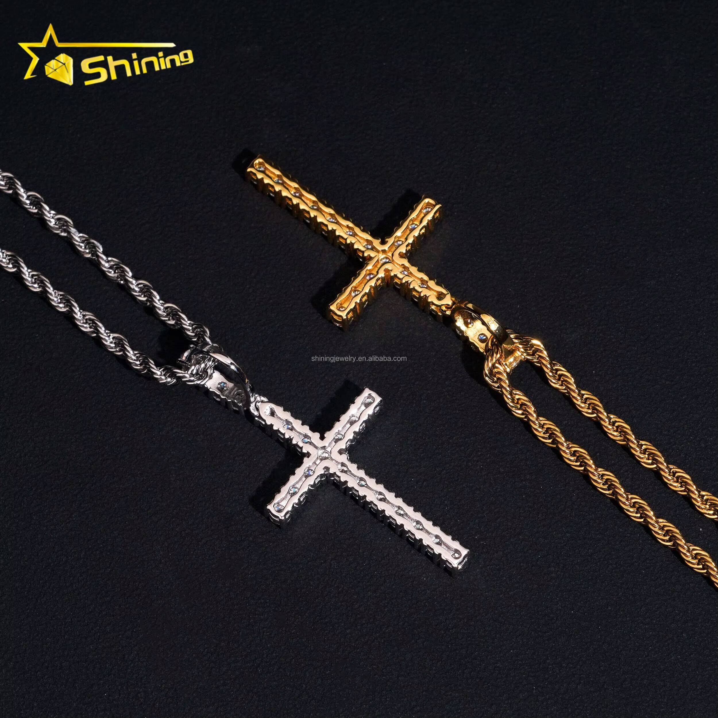 Bulk Stock Unisex Hot Selling RTS GRA Certified 925 Sterling Silver Gold Plated VVS1 Moissanite Diamond Cross Pendants Gift