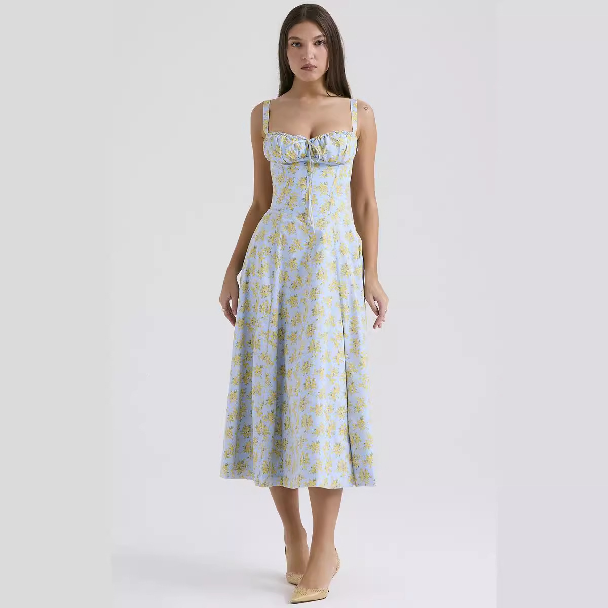 Summer New Sexy Backless Slim Strap Dress Vacation Style Floral Split MidLength Dress