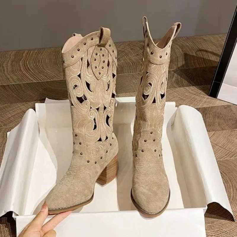2025 New Womens Midcalf Boots Suede Leather Hollow Out Boots for Women Western Cowboy Boots Fashion Knight Booties Botas Mujer L250905