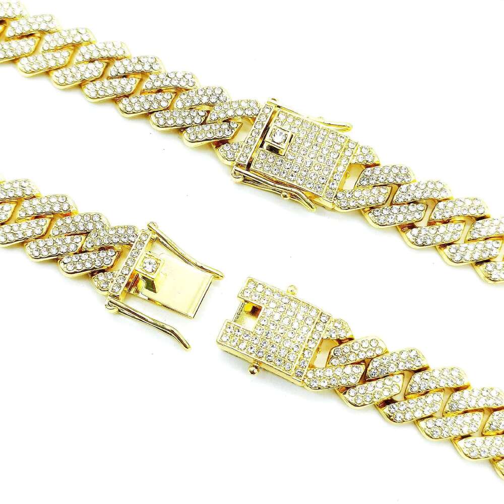 Wholesale Hip Hop Jewelry Bracelet 14 mm Dia Gold Plated Bling Rhinestone Cuban Link Chain Necklace