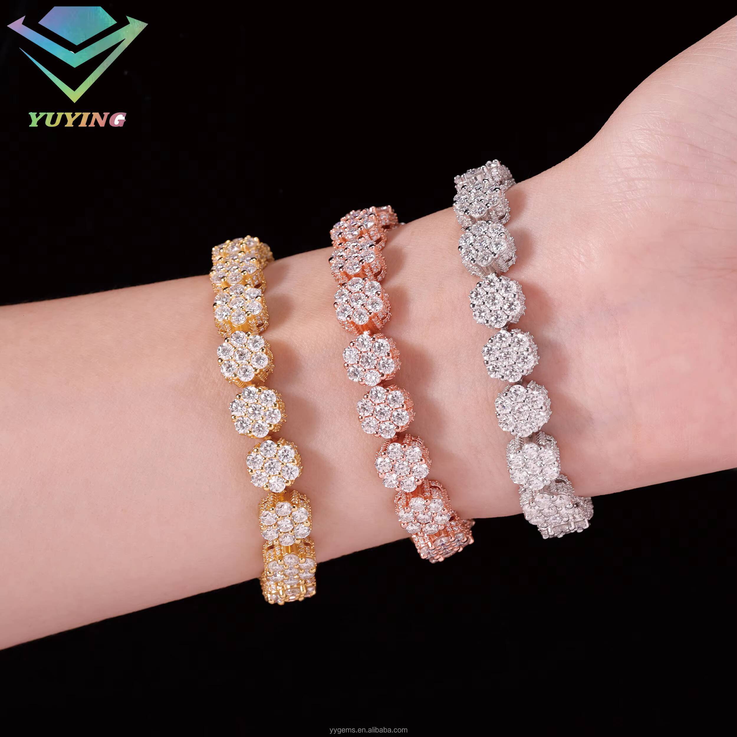 Fine Jewelry 8mm Flower Style Bracelet S925 Solid Silver VVS Moissanite Iced Diamond Flower Cuban Bracelet for Men Women