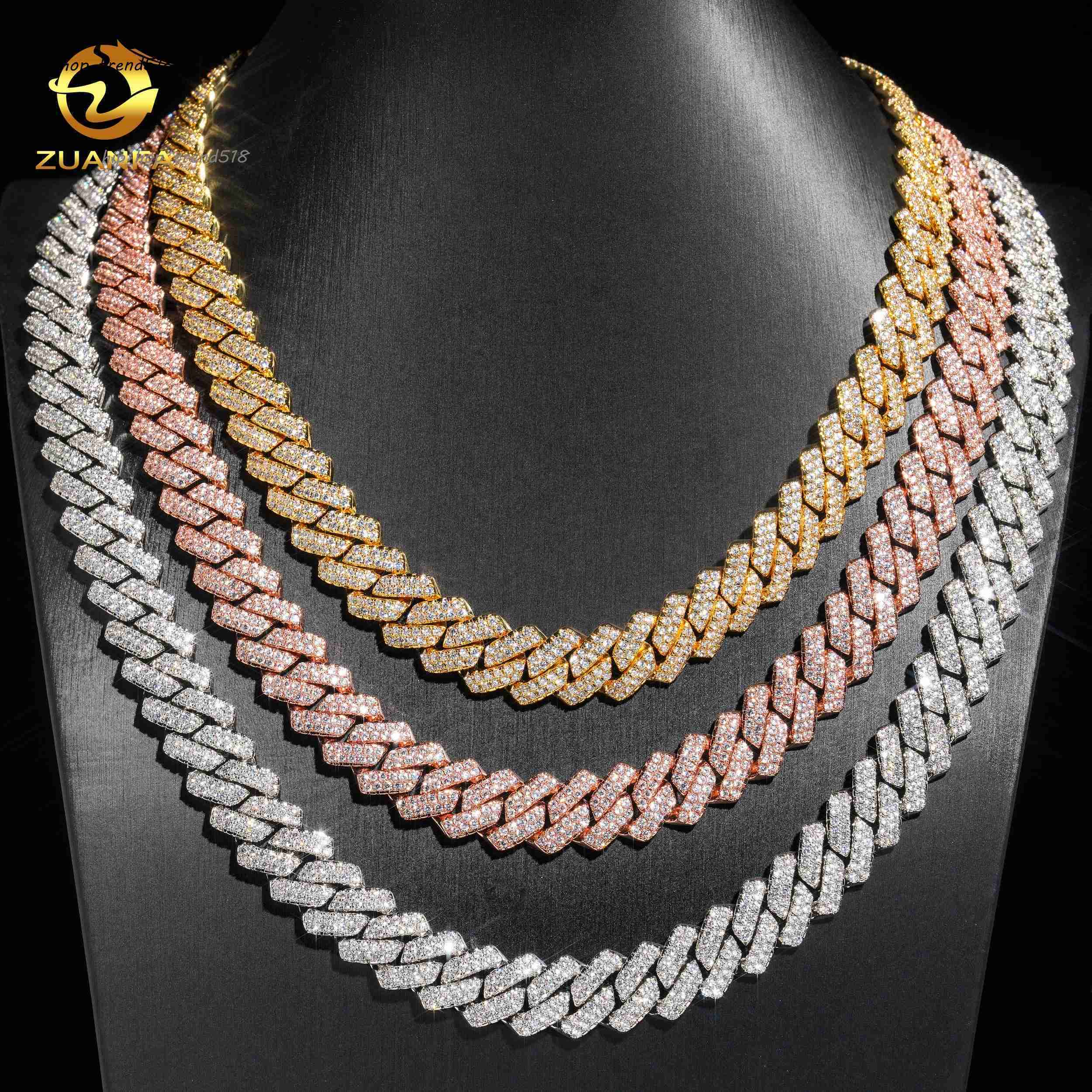 Hip Hop Jewelry 18k Gold Plated Brass Moissanite Custom High Quality 5A Moissanite Iced Out Cuban Link Chain