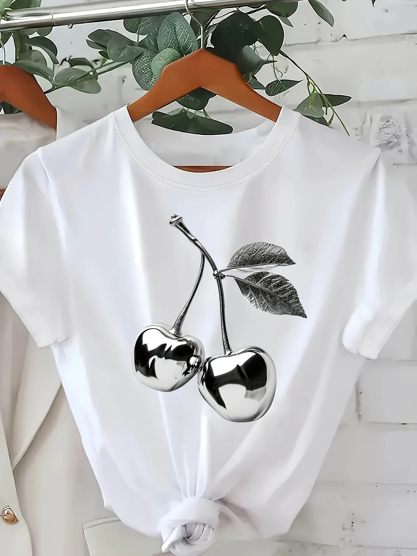 Sleeve TShirt Casual Spring Top with Cartoon Casual Wear Modern Silver Cherry Print WomenS Round Neck250905