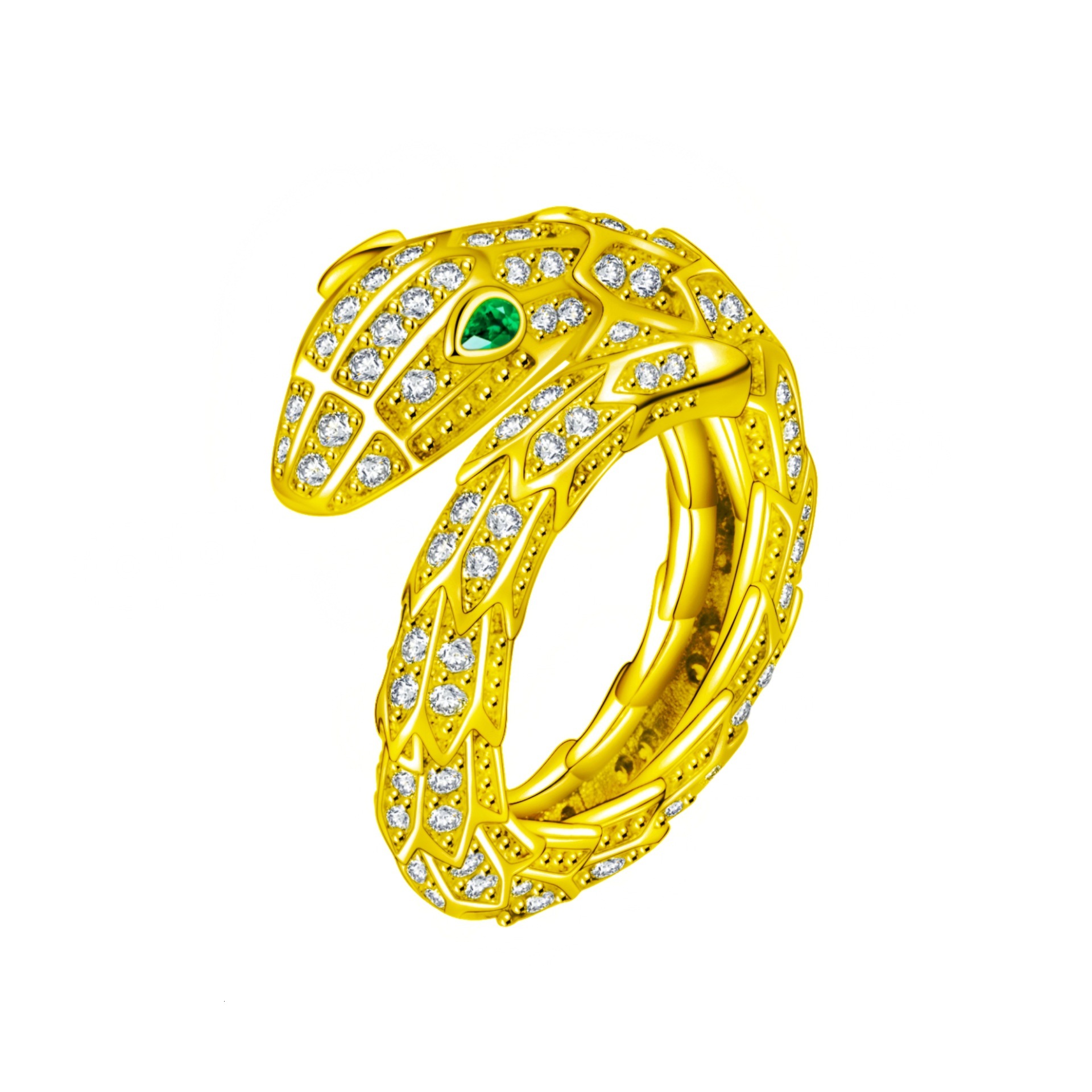 Fashion Inlaid Full Diamond Green Eye Shape Simple Personality Open Zircon Snake Bone Ring Jewelry
