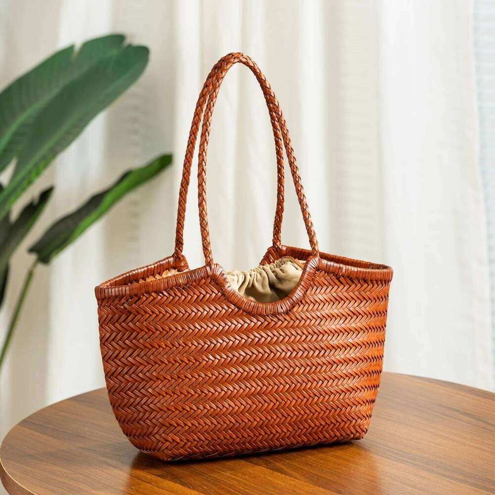 Genuine Leather Handwoven Tote Women's Fashion Shopping Large Capacity Shoulder Bag Design Vegetable Basket