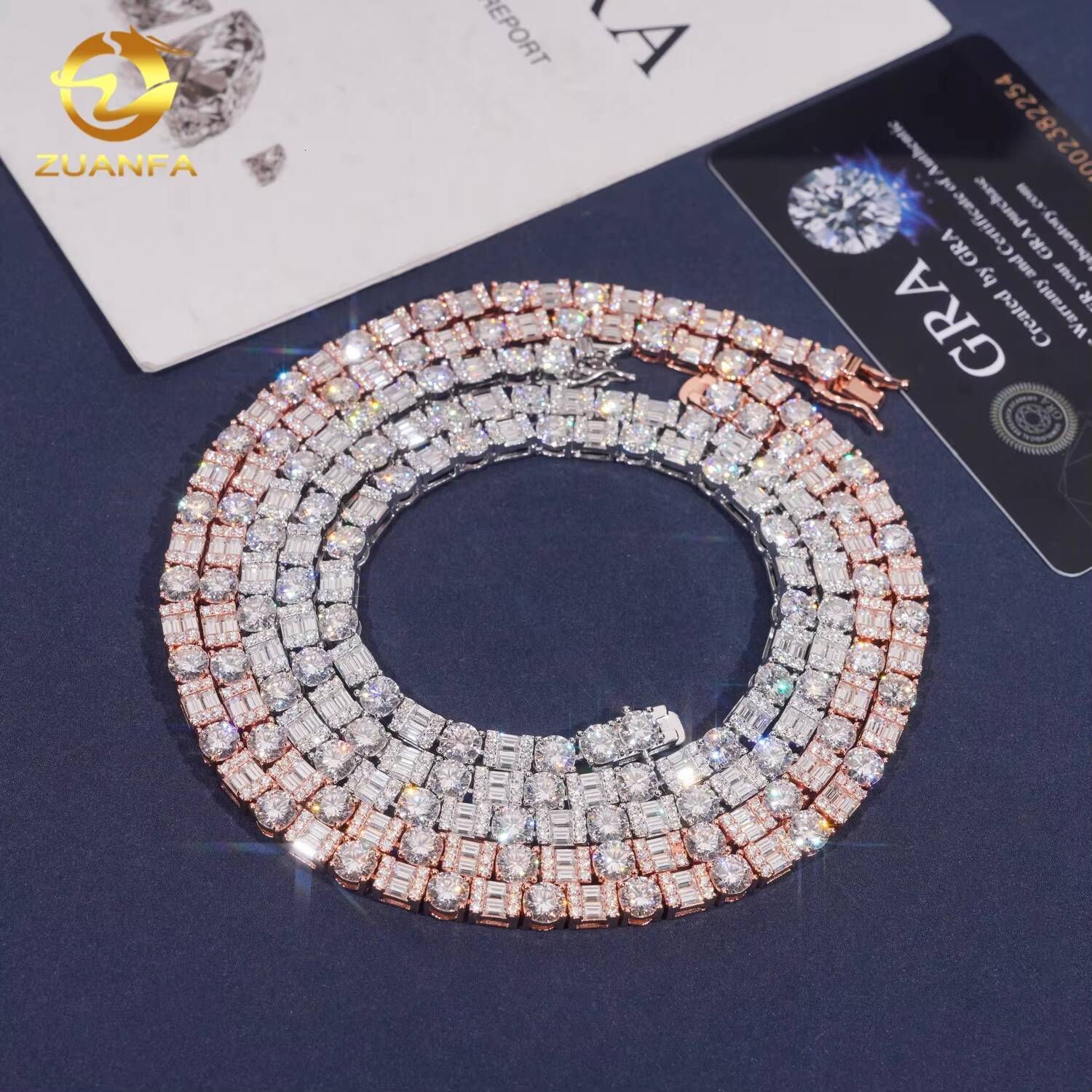 High Quality New Design Hip Hop 925 Silver Baguette 5mm GRA Certified VVS Moissanite Tennis Chain Necklace