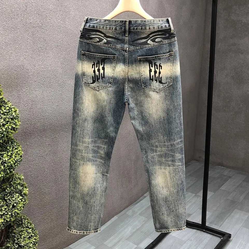 Harajuku Fashion 2025 Spring Autumn Slim Casual Pencil Pants New Mens Printed Jeans Skinny Trendy Korean Style Long Trousers W250905