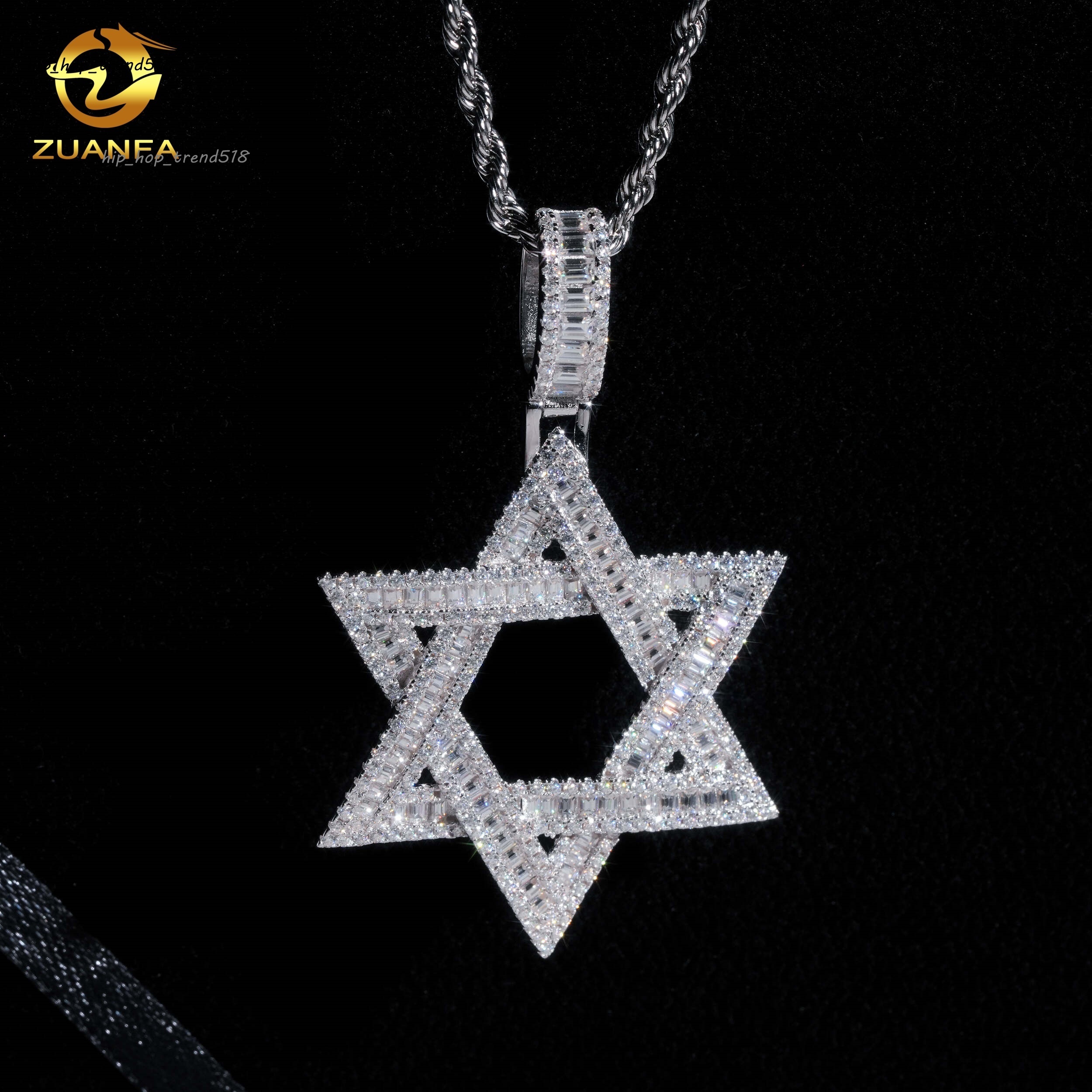 Hip Hop Moissanite Jewelry David of Iced Out Baguette Star Shape Pendant 925 Silver VVS D Moissanite Diamond Fine Charm Pendant