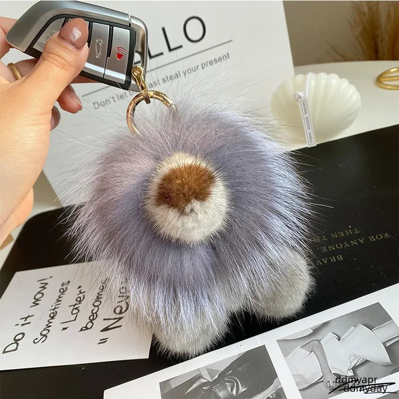 Real Mink Small Lion Pendant Keychain Women Cute Toy Car Key Bag Charm Ornaments Metal Ring Genuine ddmyday Fur Kids Plush Gifts 240717 ddmyday