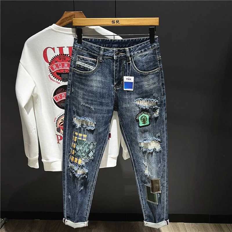 2023 Spring and Autumn New Mens Fashion Trend Ripped Patch Small Foot Pants Mens Casual Slim Comfortable HighQuality Jeans W250905
