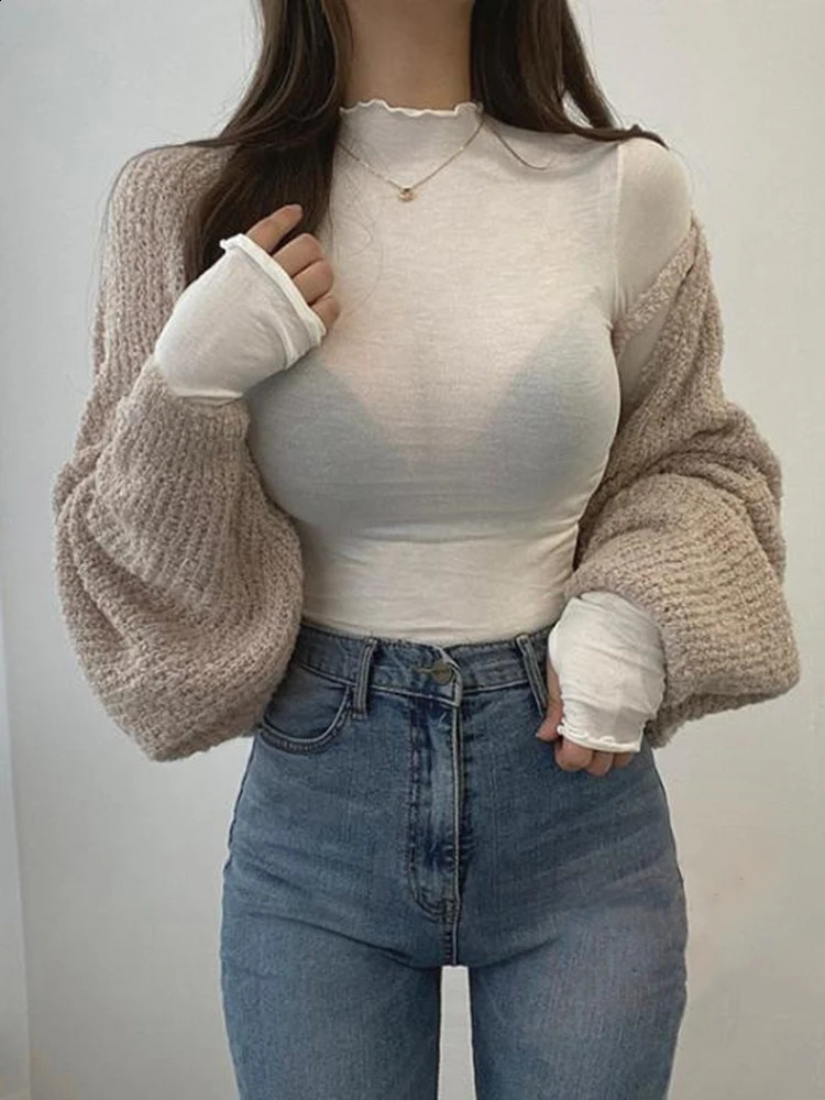 Sexy Seethrough T Shirt Women High Elasticity Tee Slim Thin Ruffled Turtleneck Tshirt Female Solid Top 250904