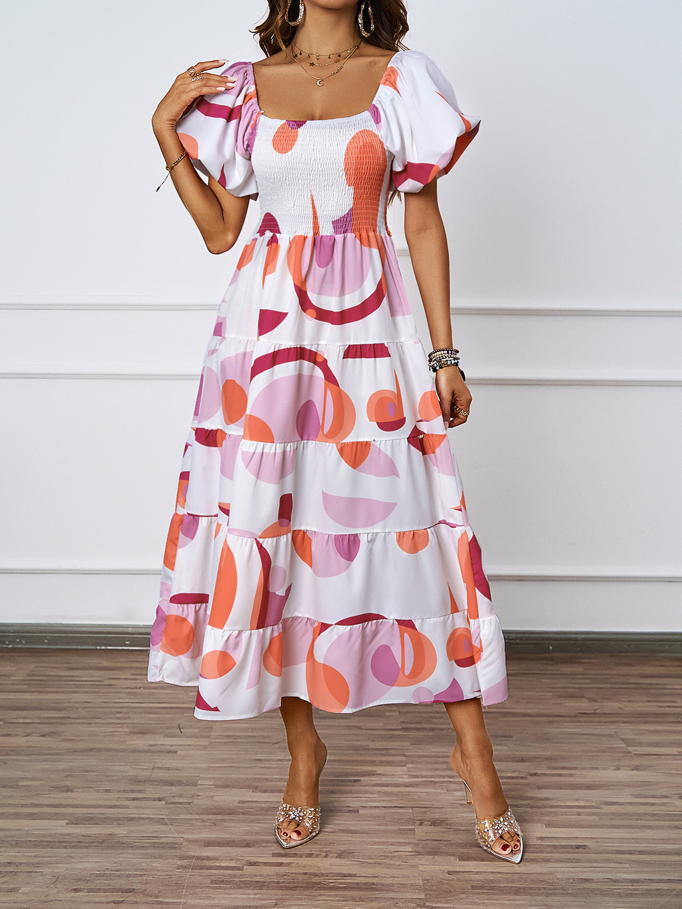 Summer New Elegant OffShoulder Printed Puff Sleeve Dress for Women