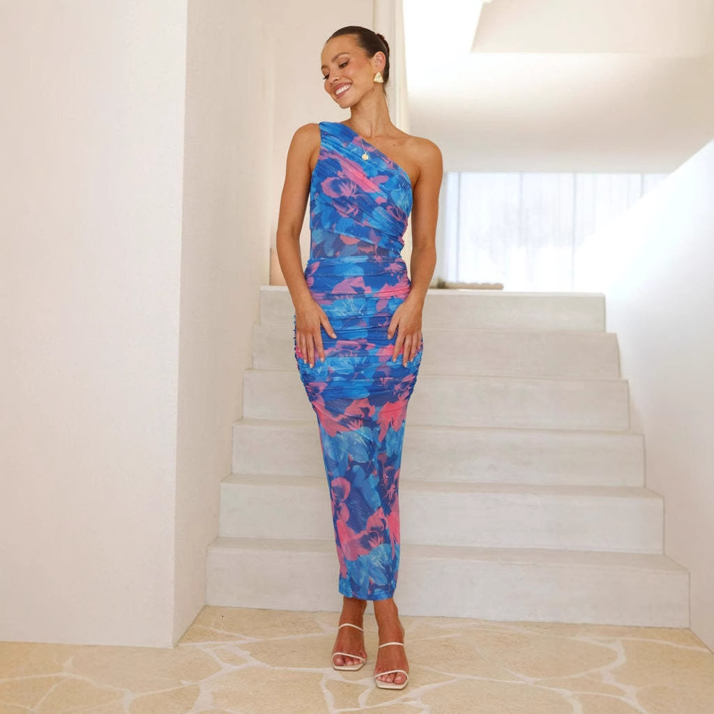 2025 American Style ColorBlock Strap Slim Dress Printed OffShoulder Sleeveless Pullover Dress for Women