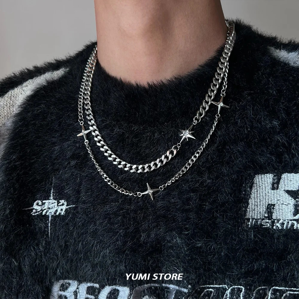 Hip Hop Doublelayer Star Cross Necklace For Man Woman Steel Clavicle Chain Choker Punk Male Accessories Wholesale 250905