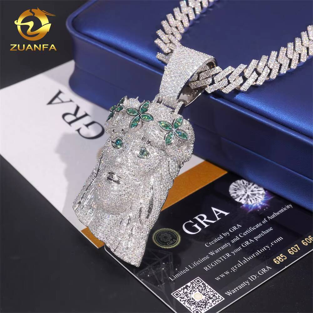 Hip Hop Style Blue Green Diamond Personalized 925 Silver Moissanite Jesus Head Pendant